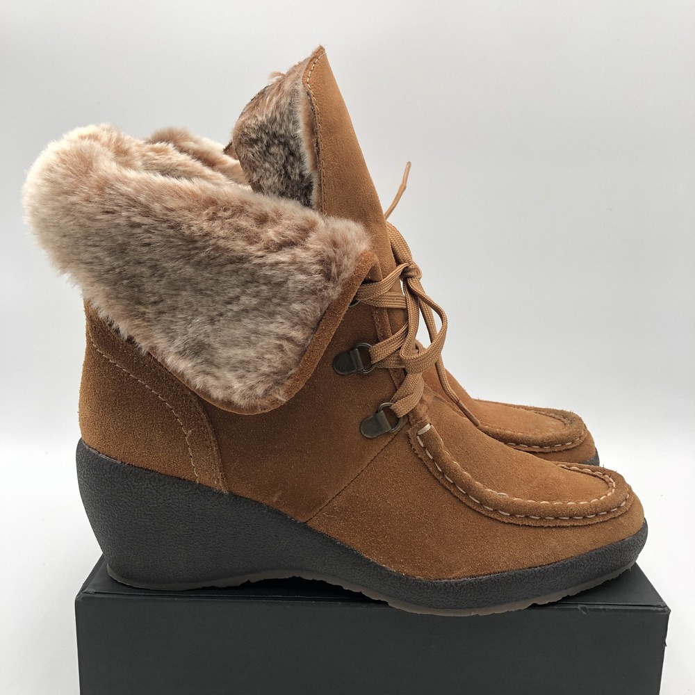 Iso Isotoner Boots Womens 9 M Vanessa Ankle Bootie Brown Leather Lace Up Wedge - Picture 6 of 11